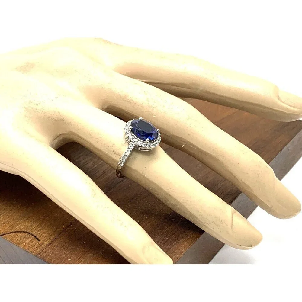 Engagement Ring 10k White Gold Blue Oval Cubic Zirconia Women's Jewelry …
